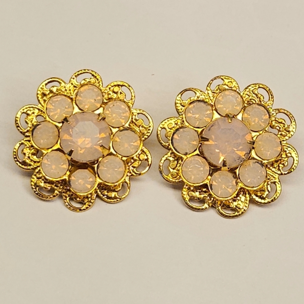 Gold and Pink Floral Clip On Earrings